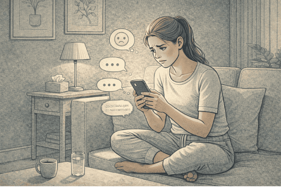 Person with BPD experiencing emotional distress while checking phone repeatedly for messages from their favorite person, illustrating the anxiety and dependence characteristic of this attachment pattern.