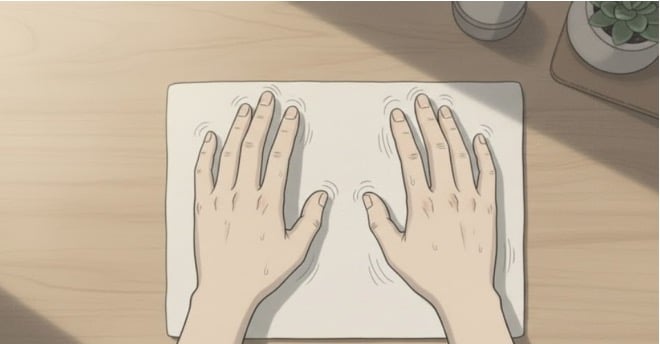 An overhead perspective showing two hands resting on a white rectangular surface. Small curved lines around the fingers and palms indicate that the hands are visibly trembling or shaking.