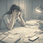 Adult with ADHD experiencing mental overwhelm and racing thoughts while sitting at a desk cluttered with papers, holding their head in their hands as they struggle to focus and regulate emotion