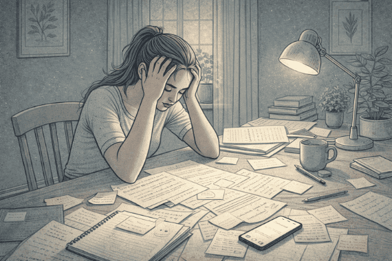 Adult with ADHD experiencing mental overwhelm and racing thoughts while sitting at a desk cluttered with papers, holding their head in their hands as they struggle to focus and regulate emotion