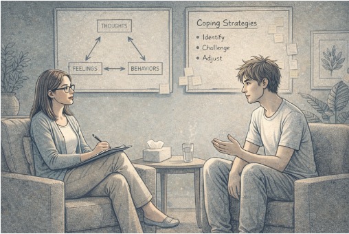 Licensed therapist conducting a CBT session with a client as part of his bipolar disorder treatment plan.