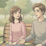 Two people sitting together on a park bench, having a supportive conversation outdoors.