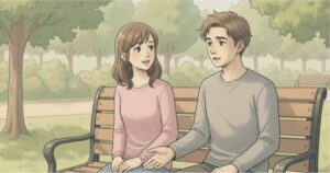 Two people sitting together on a park bench, having a supportive conversation outdoors.