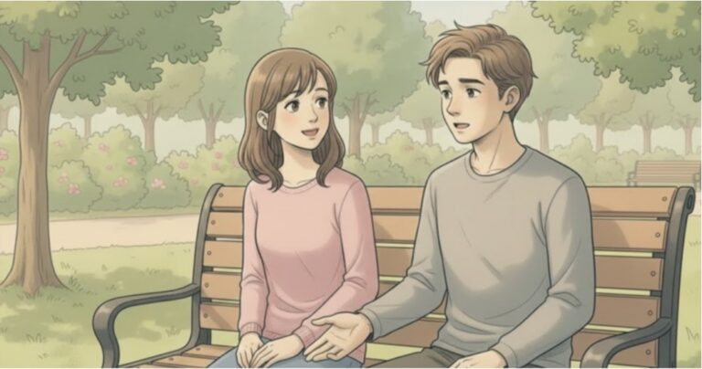 Two people sitting together on a park bench, having a supportive conversation outdoors.