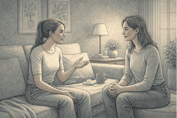 Two people engaged in a supportive conversation in a comfortable setting, with one person listening attentively and compassionately while the other shares their struggles, demonstrating healthy communication and emotional support.