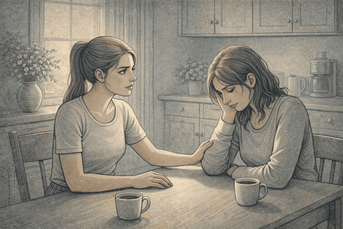 Two friends having a calm, private conversation at a kitchen table, with one person listening attentively and expressing gentle concern while the other talks about her eating disorder.