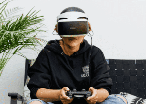 Woman using a VR headset, trying one of the mental health advances 2026