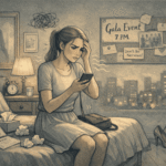 Person feeling social anxiety symptoms while looking at their phone before an event.