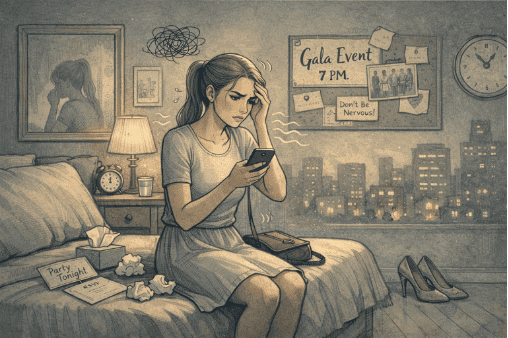 Person feeling social anxiety symptoms while looking at their phone before an event.