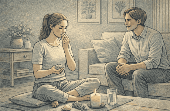 Person practicing the five-senses grounding technique with a supportive companion nearby, focusing on present moment awareness to manage PTSD symptoms.