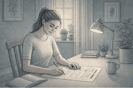 Person sitting calmly at a desk writing in a thought record worksheet, with a peaceful and focused expression.