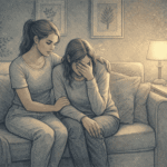A concerned loved one sitting beside a family member with ASPD, offering quiet emotional support in a softly lit living room setting.