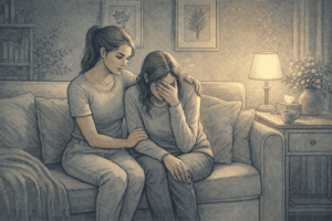 A concerned loved one sitting beside a family member with ASPD, offering quiet emotional support in a softly lit living room setting.