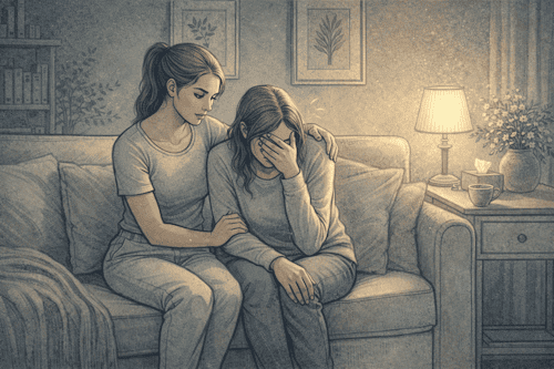 A concerned loved one sitting beside a family member with ASPD, offering quiet emotional support in a softly lit living room setting.