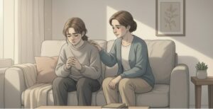 A supportive friend offering comfort to a woman experiencing early signs of an anxiety attack.