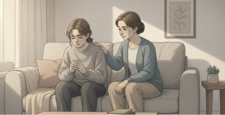 A supportive friend offering comfort to a woman experiencing early signs of an anxiety attack.