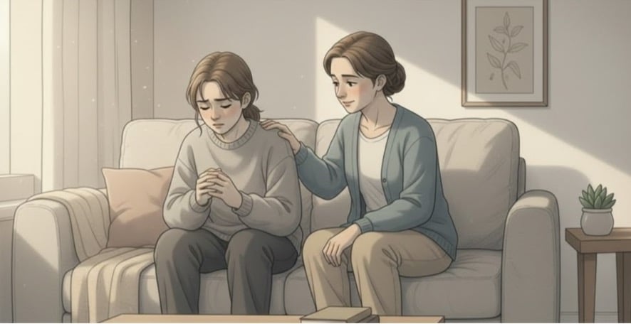 A supportive friend offering comfort to a woman experiencing early signs of an anxiety attack.