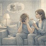 Supportive companion helping a person through a PTSD attack by staying calm and present