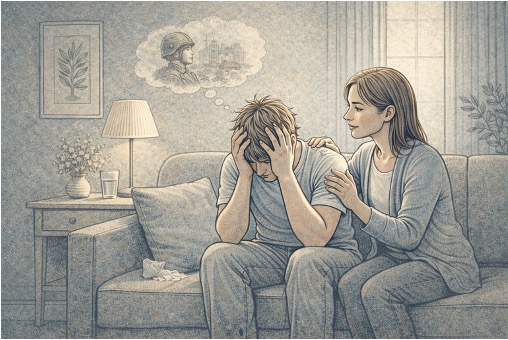 Supportive companion helping a person through a PTSD attack by staying calm and present