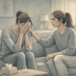 A concerned friend sitting beside a loved one suffering from an eating disorder, gently reaching out with a supportive hand.