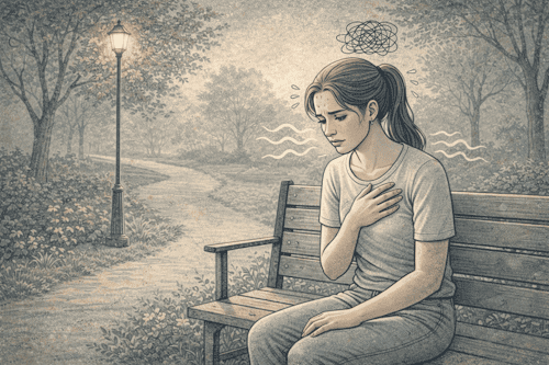 Person sitting on a bench in a quiet park, clutching their chest with a worried expression as early signs of a panic attack begin to surface.