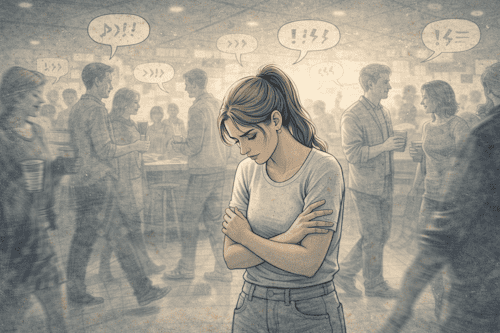 Person appearing visibly overwhelmed in a crowded social setting, eyes downcast and arms crossed, while surrounding activity continues at a hectic pace.