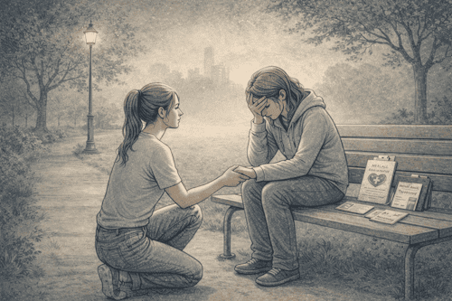 Person extending a hand to a friend on a park bench, offering encouragement toward seeking professional mental health support.