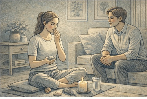 Person practicing the five-senses grounding technique with a supportive companion to manage PTSD symptoms.