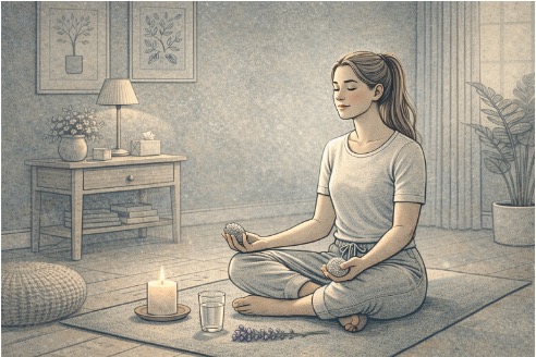 Person practicing grounding techniques through mindfulness and sensory awareness exercises to manage dissociation, sitting peacefully with eyes closed in a calming therapeutic environment.