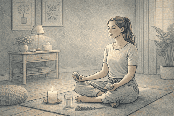Person practicing grounding techniques through mindfulness and sensory awareness exercises to manage dissociation, sitting peacefully with eyes closed in a calming therapeutic environment.