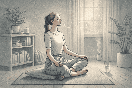 Woman with ADHD practicing mindful breathing in a peaceful corner of her home, eyes closed and hands resting gently on her knees, demonstrating one of the five calming techniques for emotional regulation.