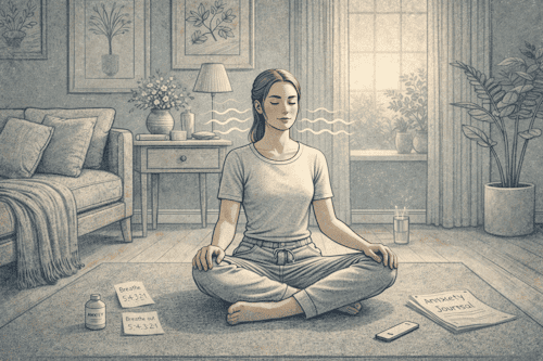 Person sitting cross-legged on the living room floor, eyes closed, practicing slow, deep breathing exercises as a grounding strategy to manage rising panic symptoms.