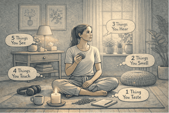 Person practicing the 5-4-3-2-1 grounding technique by touching a textured object and observing their surroundings to reconnect with reality during a dissociative episode.