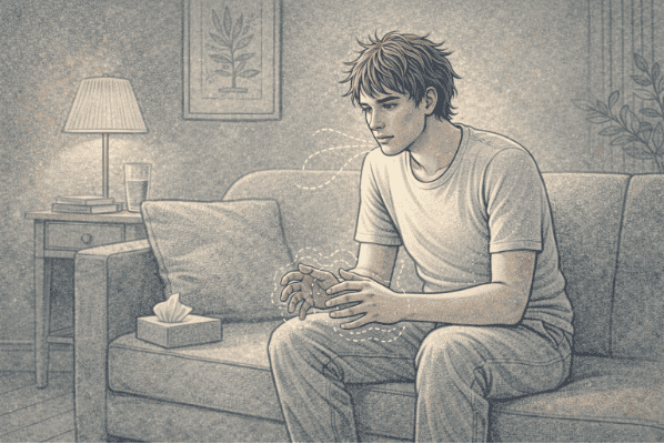 Person showing visible signs of a PTSD attack, including rapid breathing, trembling hands, and a distant expression, while sitting in a quiet room.