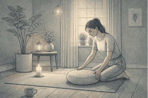 Adult organizing a peaceful meditation corner in their home with soft lighting, plants, a comfortable cushion, and minimal distractions.