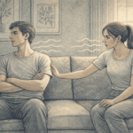 A couple sitting together on a couch with visible emotional distance between them, one partner looking away while the other reaches out gently, reflecting the challenges of navigating a relationship affected by avoidant personality disorder.
