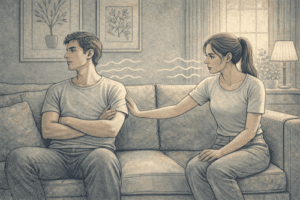 A couple sitting together on a couch with visible emotional distance between them, one partner looking away while the other reaches out gently, reflecting the challenges of navigating a relationship affected by avoidant personality disorder.