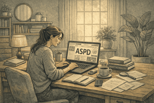 A person reading about antisocial personality disorder on a laptop at a desk, with educational mental health materials and notes spread nearby.