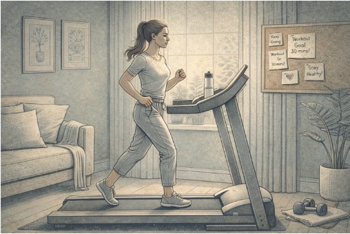  Woman exercising on a treadmill as part of her daily routine to help manage her bipolar disorder symptoms. 