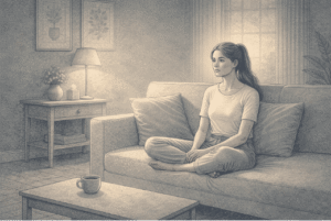 Person experiencing dissociative disconnection from reality while sitting alone in a softly lit room, appearing detached and distant with an unfocused gaze.