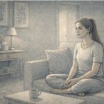 Person experiencing dissociation and disconnection from reality while sitting alone, appearing distant and emotionally detached in a quiet indoor setting.