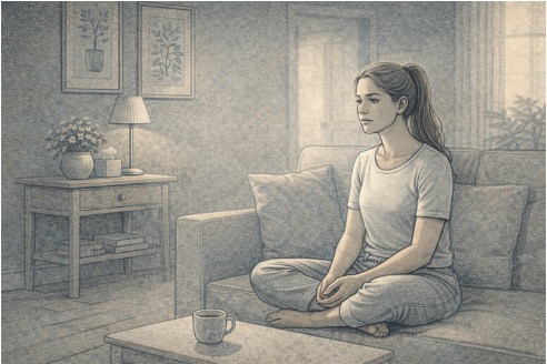 Person experiencing dissociation and disconnection from reality while sitting alone, appearing distant and emotionally detached in a quiet indoor setting.