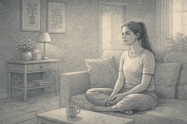 Person experiencing dissociation and disconnection from reality while sitting alone, appearing distant and emotionally detached in a quiet indoor setting.