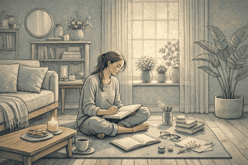 A person sitting peacefully in a sunlit room, practicing mindful journaling as part of their own self-care routine.