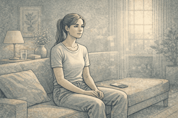 Woman experiencing emotional numbness and detachment during a dissociative episode, showing a blank facial expression and distant gaze while sitting in her room.