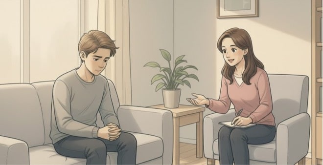 A session between a woman holding a notepad and a young man sitting on a sofa.