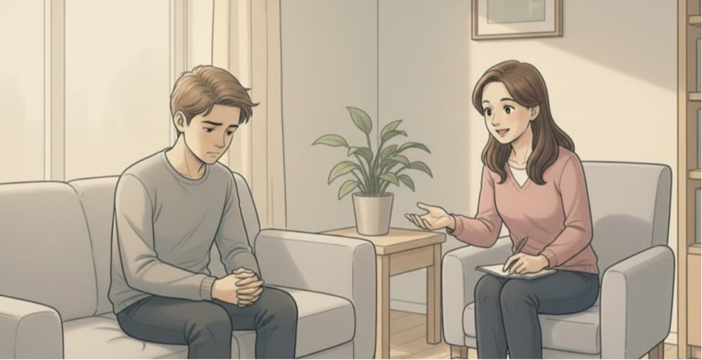 A session between a woman holding a notepad and a young man sitting on a sofa.