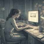 Adult with ADHD experiencing intense hyperfocus while working on the computer late at night, surrounded by neglected tasks and missed reminders, illustrating the challenge of breaking away from absorbing activities.