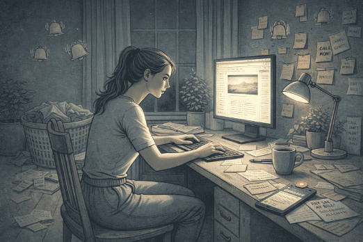 Adult with ADHD experiencing intense hyperfocus while working on the computer late at night, surrounded by neglected tasks and missed reminders, illustrating the challenge of breaking away from absorbing activities.