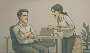 a woman shouting at her husband while he is sitting in front of her with his arms crossed